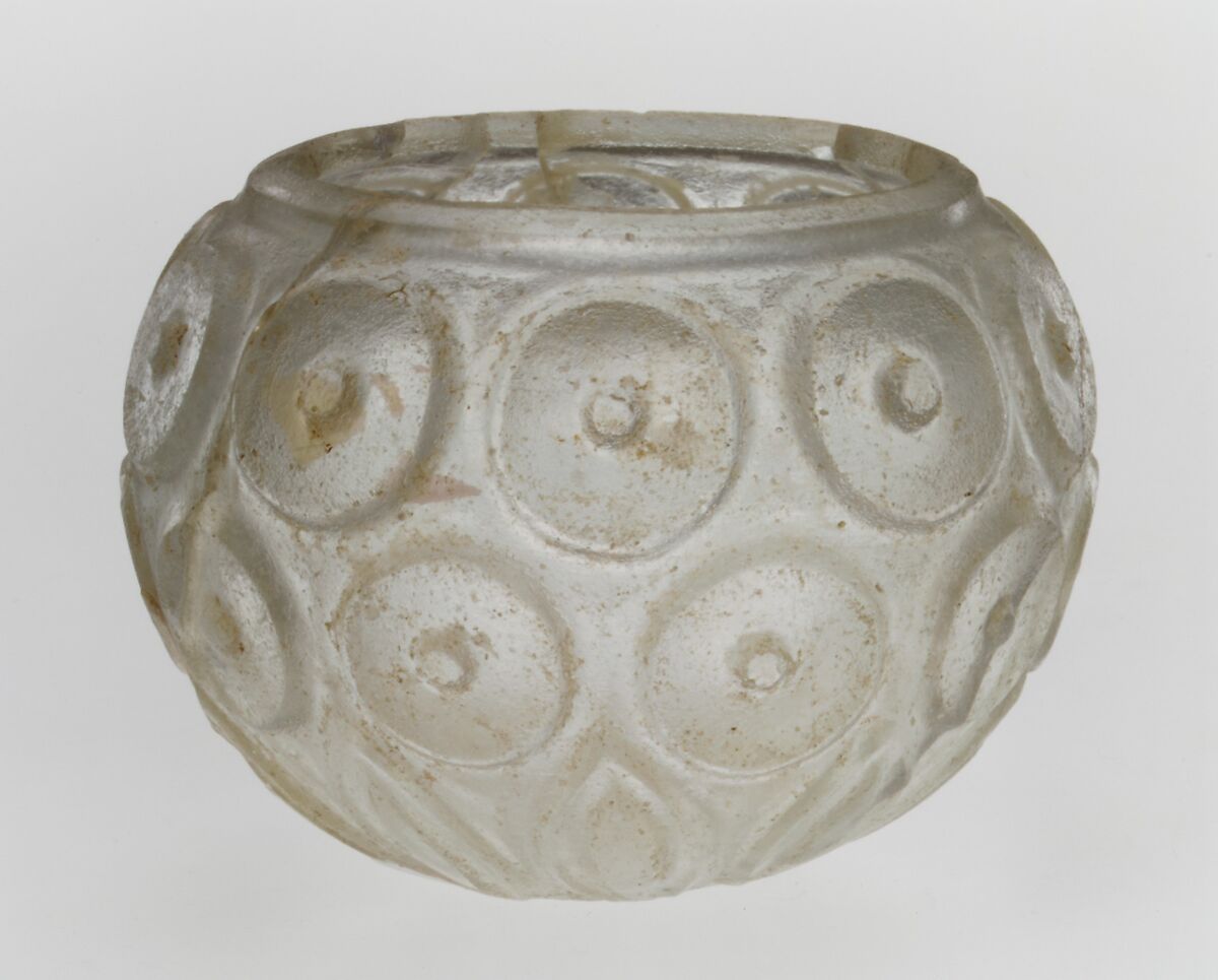 Cut-Glass Cup, Glass, colorless with a green tinge; blown, cut