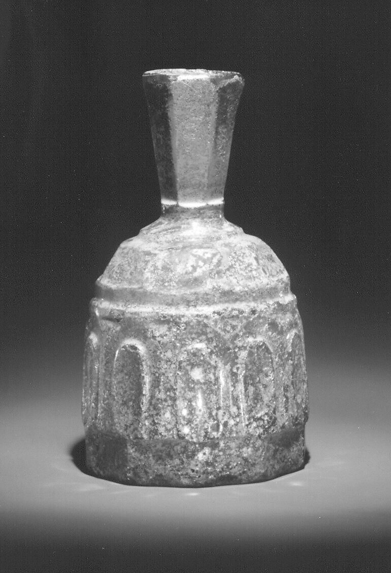 Glass Bottle with Faceted Decoration, Glass, colorless; blown, cut