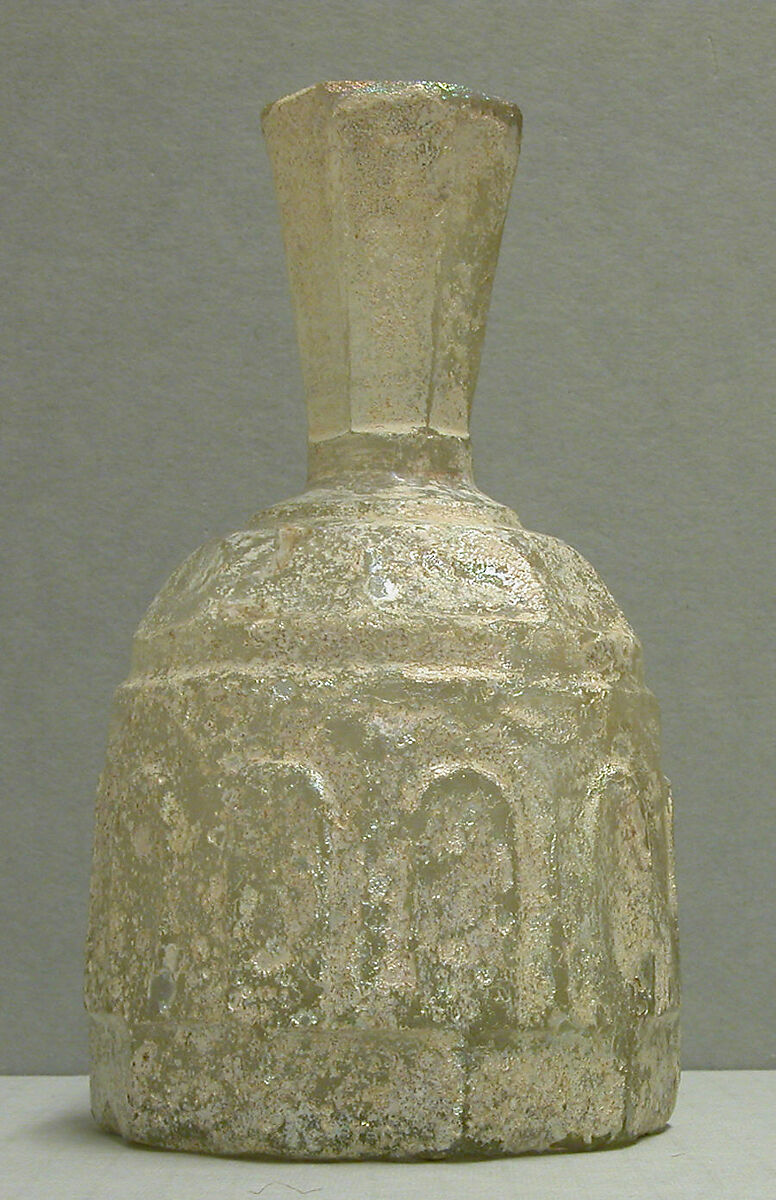 Glass Bottle with Faceted Decoration, Glass, colorless; blown, cut