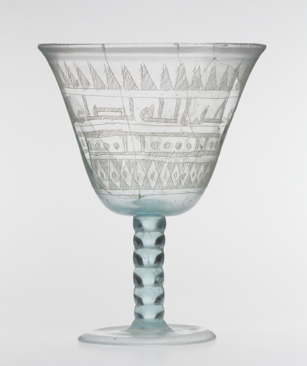 Goblet with Incised Designs, Glass, bluish green; blown, applied solid stem and blown foot, scratch-engraved