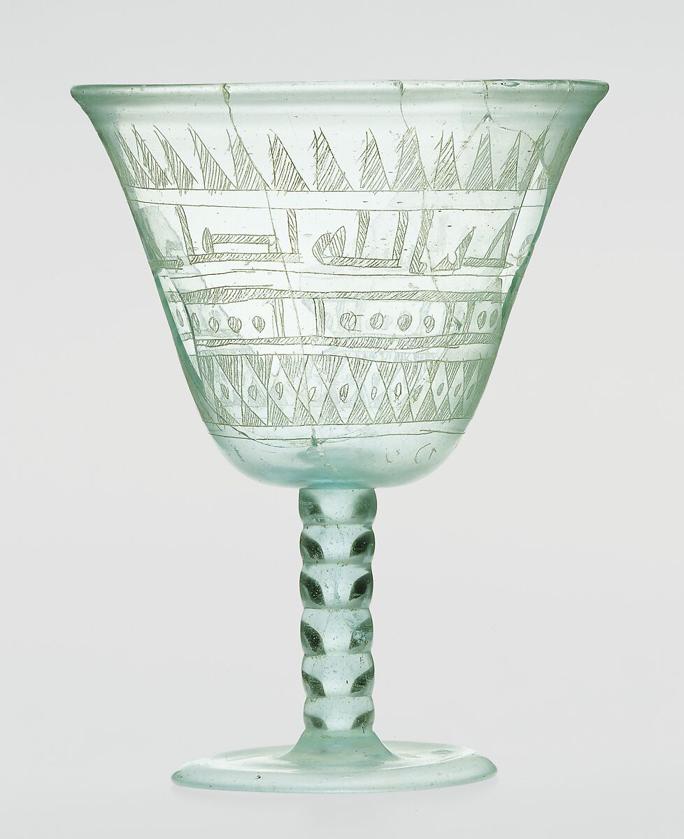 Goblet with Incised Designs, Glass, bluish green; blown, applied solid stem and blown foot, scratch-engraved