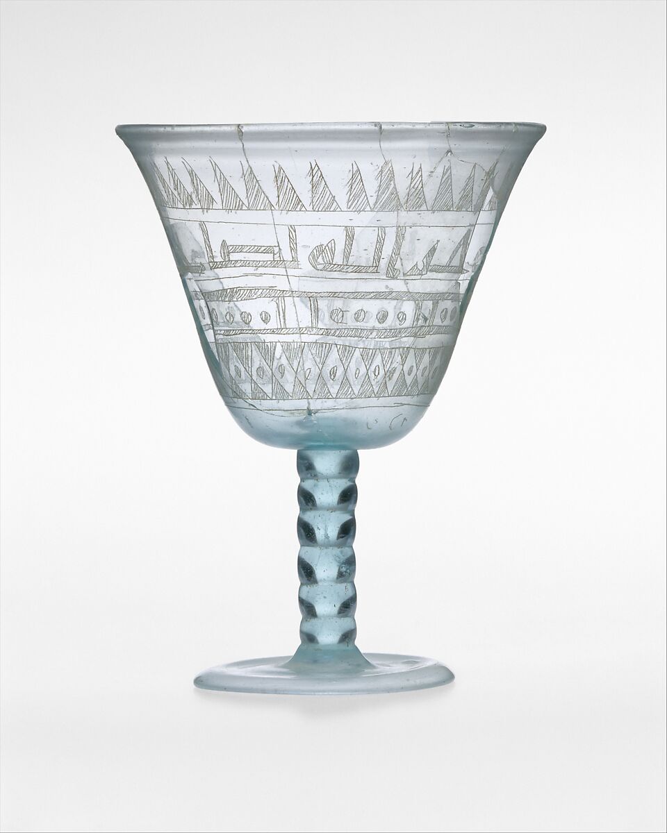 Goblet with Incised Designs, Glass, bluish green; blown, applied solid stem and blown foot, scratch-engraved