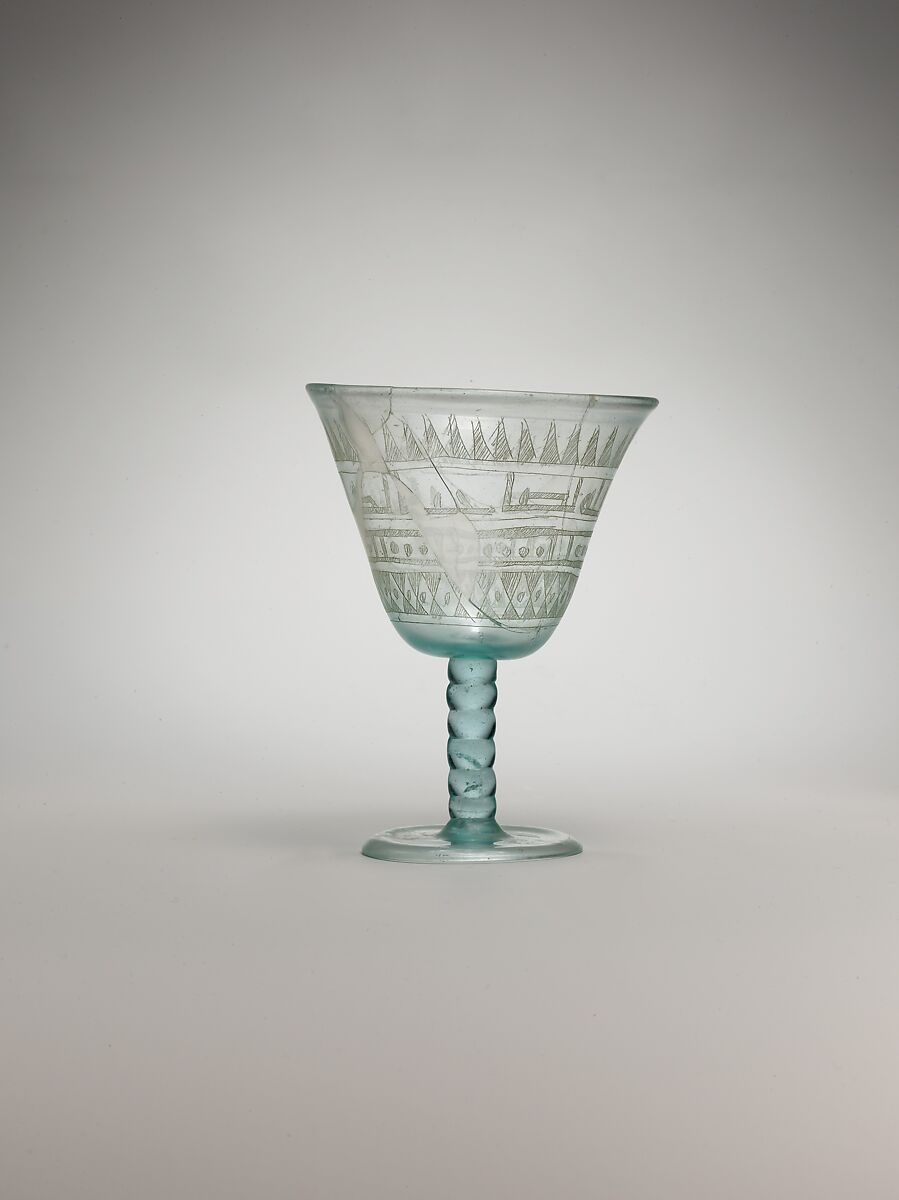 Goblet with Incised Designs, Glass, bluish green; blown, applied solid stem and blown foot, scratch-engraved 