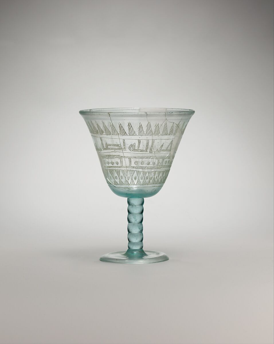 Goblet with Incised Designs, Glass, bluish green; blown, applied solid stem and blown foot, scratch-engraved