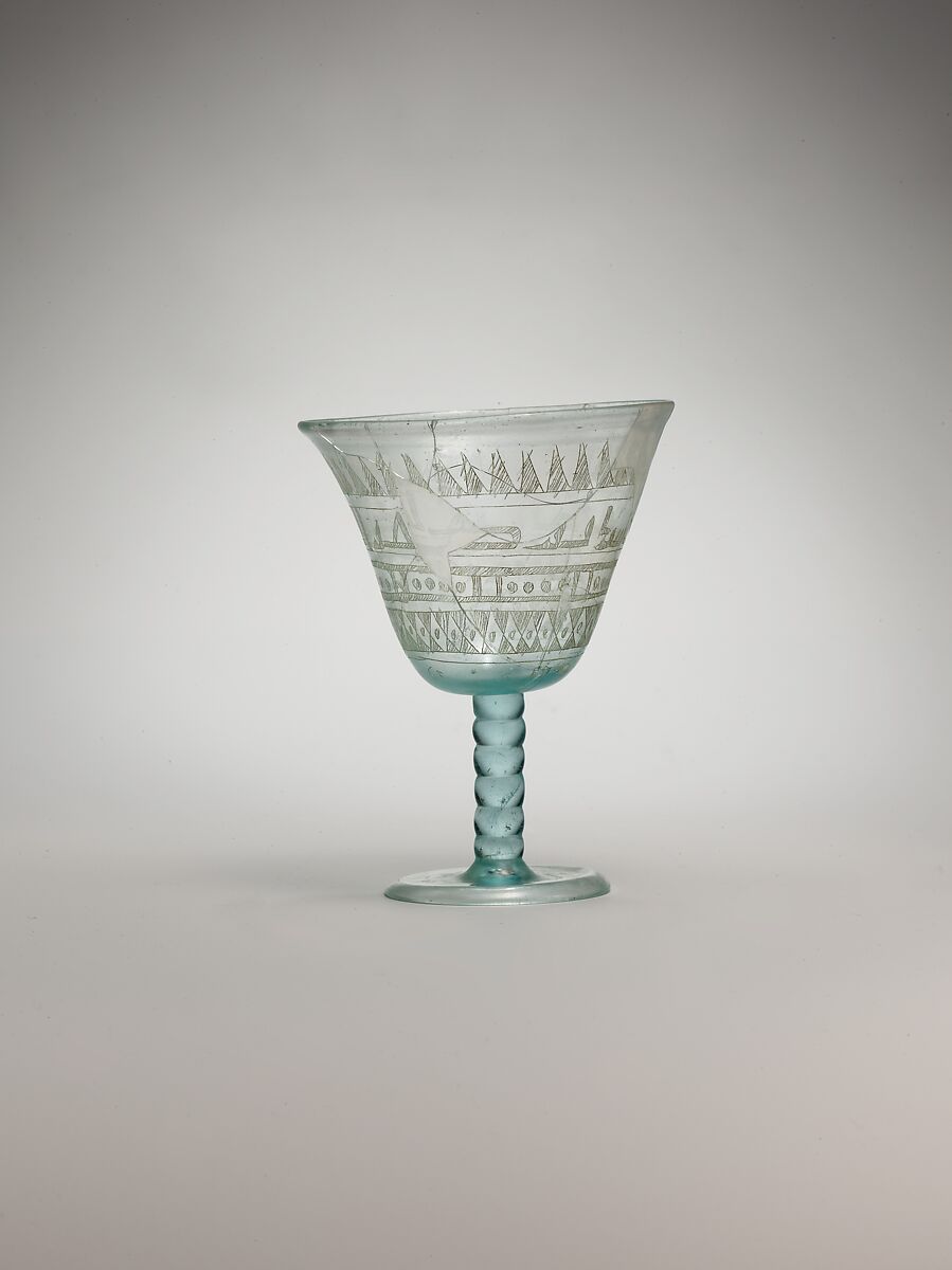 Goblet with Incised Designs, Glass, bluish green; blown, applied solid stem and blown foot, scratch-engraved