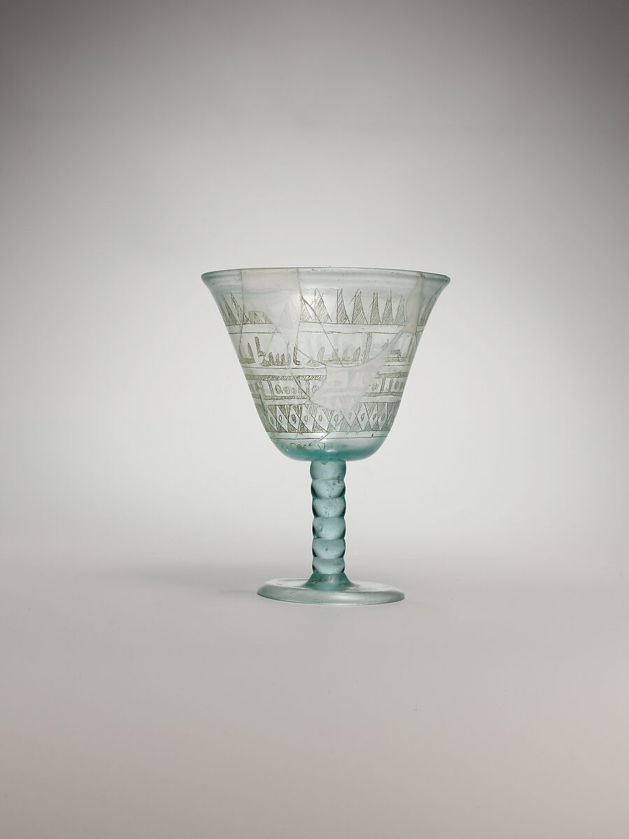 Goblet with Incised Designs, Glass, bluish green; blown, applied solid stem and blown foot, scratch-engraved
