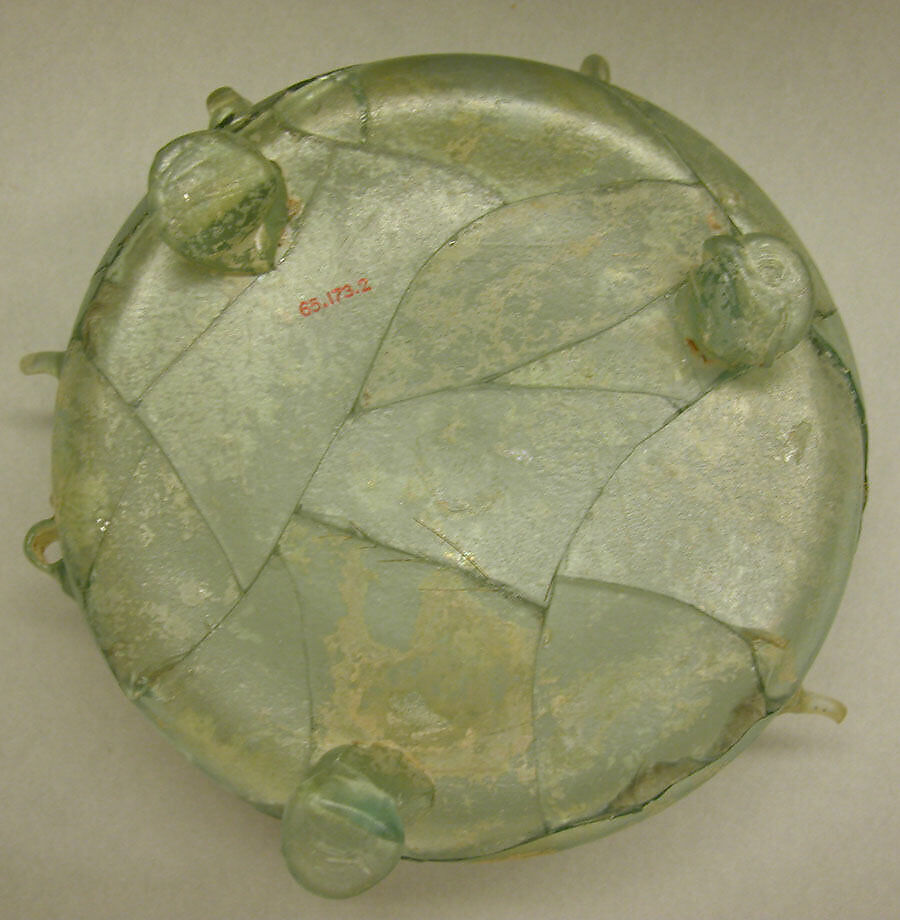 Three-Footed Bowl, Glass, greenish-blue; blown, applied handles, feet, and trails