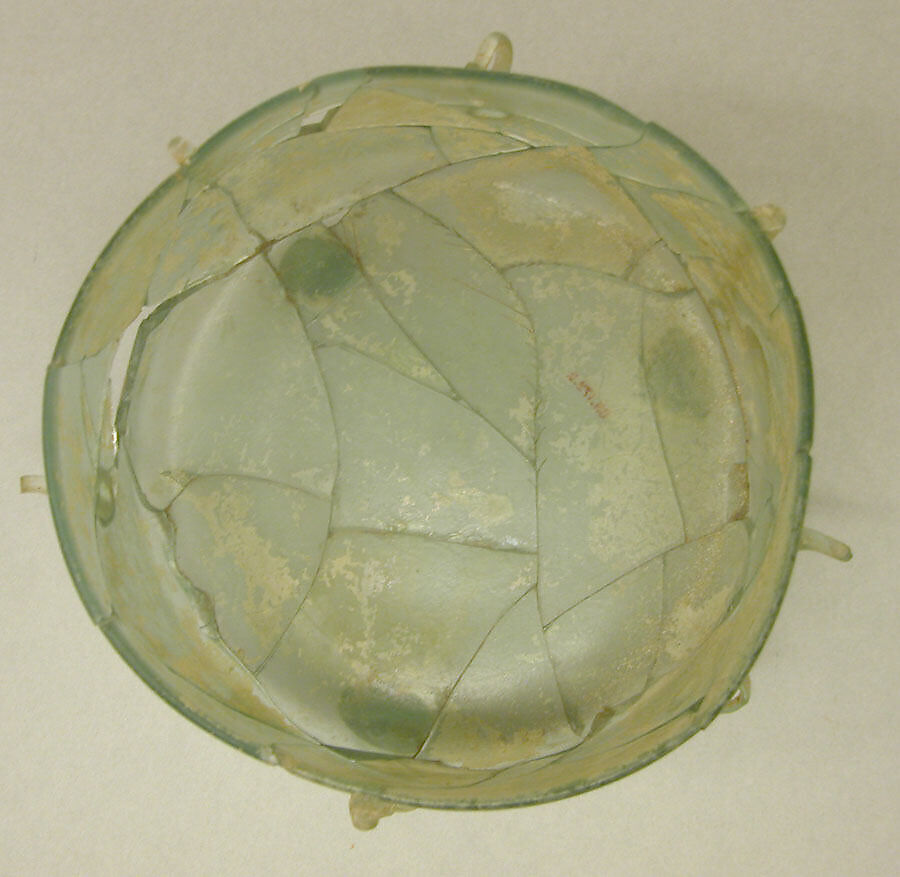 Three-Footed Bowl, Glass, greenish-blue; blown, applied handles, feet, and trails