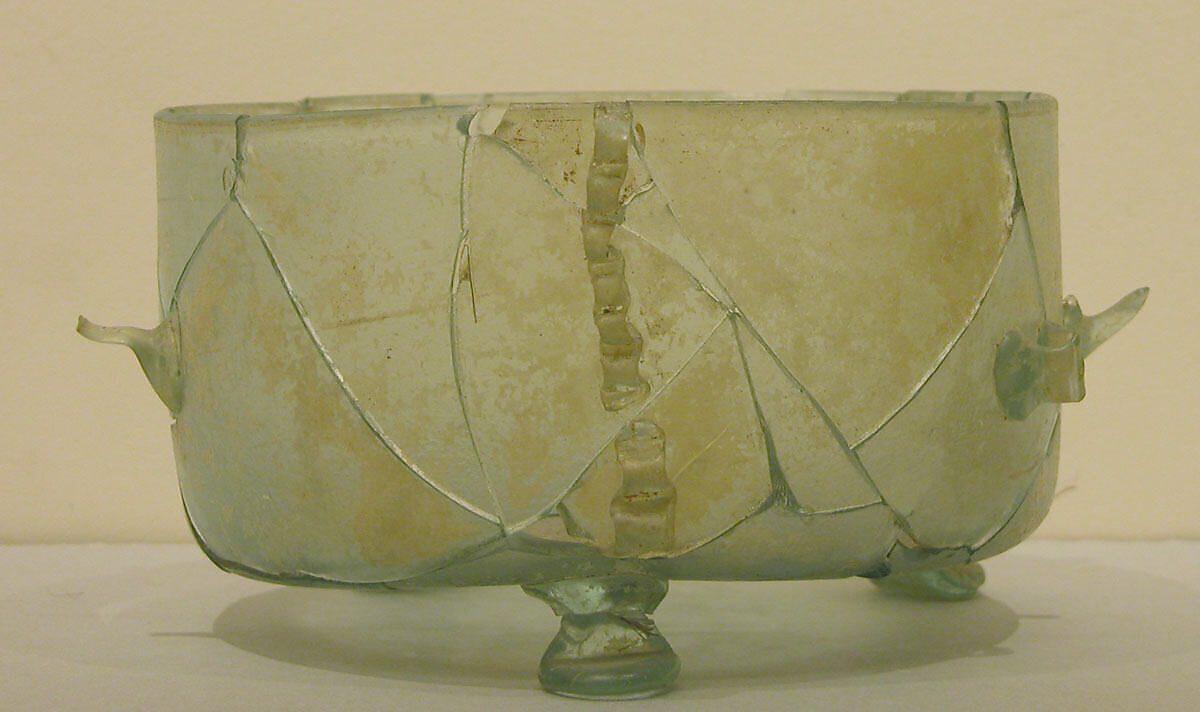 Three-Footed Bowl, Glass, greenish-blue; blown, applied handles, feet, and trails 
