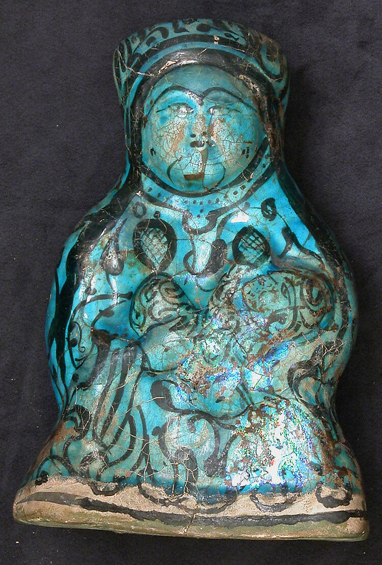 Molded Vessel in the Form of a Mother and Child, Stonepaste; molded, painted under transparent turquoise glaze