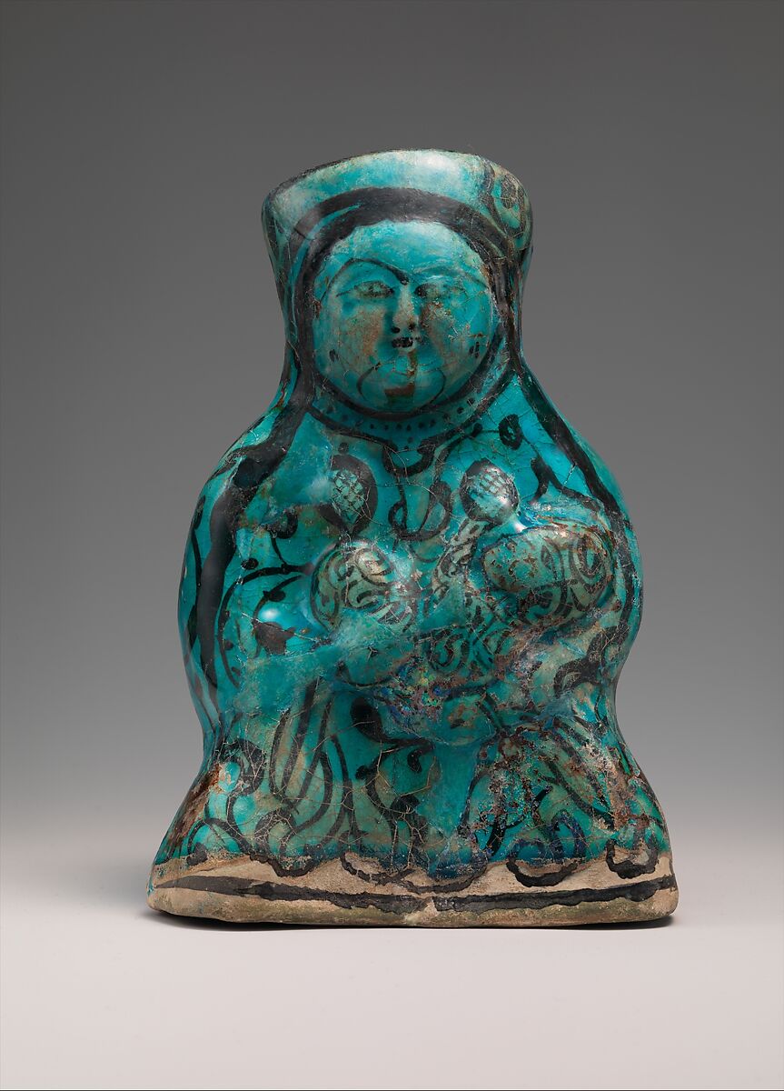 Molded Vessel in the Form of a Mother and Child, Stonepaste; molded, painted under transparent turquoise glaze