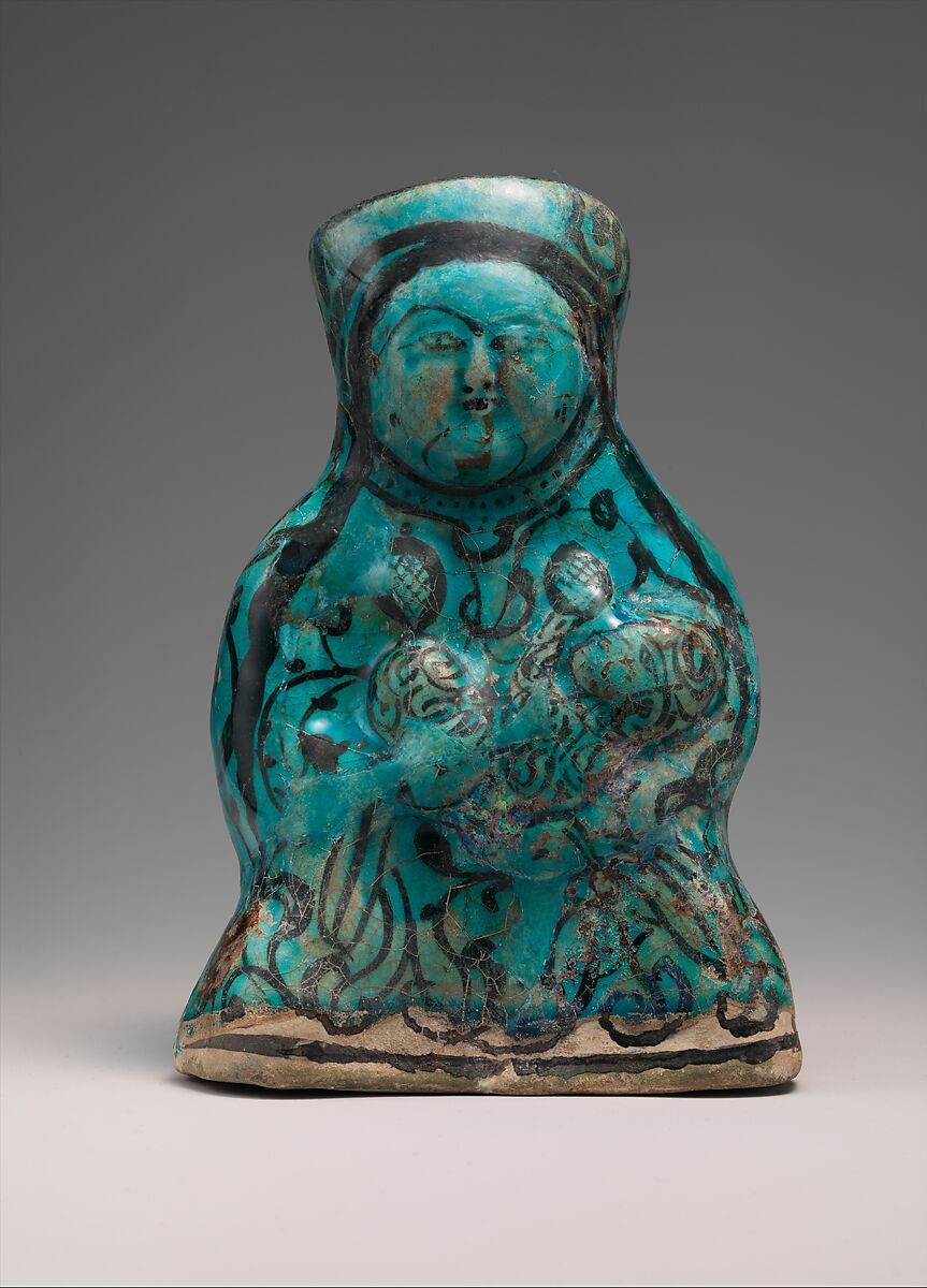 Molded Vessel in the Form of a Mother and Child, Stonepaste; molded, painted under transparent turquoise glaze 