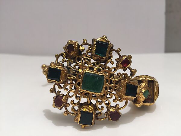Head Ornament, Gold, glass, green beryl