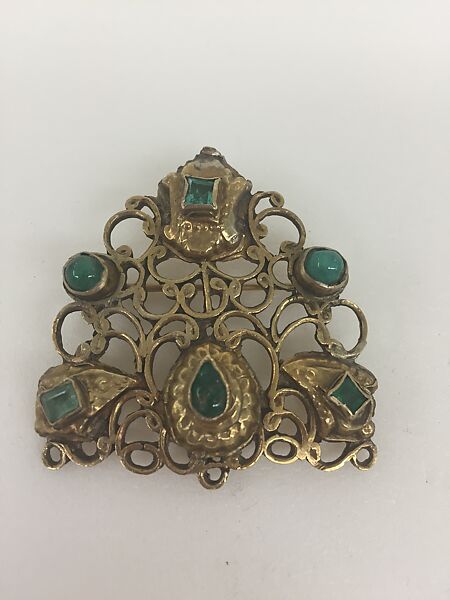 Head Ornament/ Pin, Gold, green beryl, glass