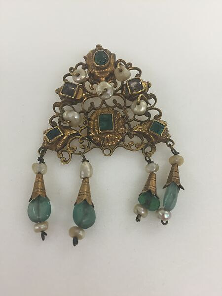 Head Ornament, Gold, topaz, green beryl, glass, pearls