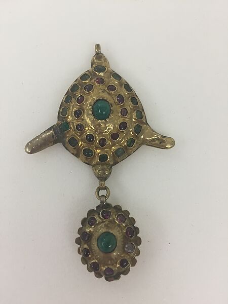 Pendant or Head Ornament, Gold, rubies, green beryl, silver