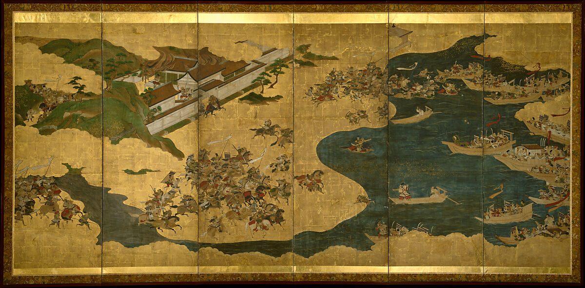 The Battle of Yashima, from The Tale of the Heike (Heike monogatari), Tosa School, One of a pair of six-panel folding screens; ink, color, gold, and gold leaf on paper, Japan 