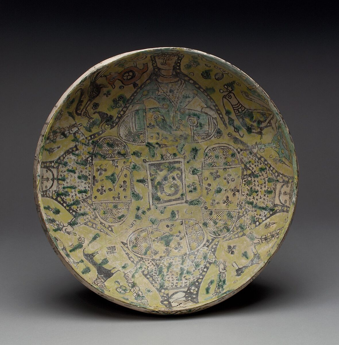 Bowl, Earthenware; polychrome slip under transparent glaze