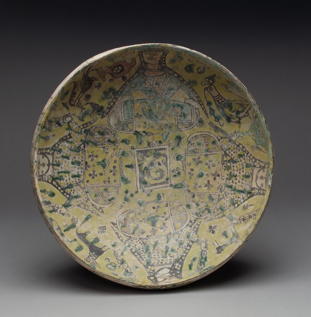 Bowl, Earthenware; polychrome slip under transparent glaze 