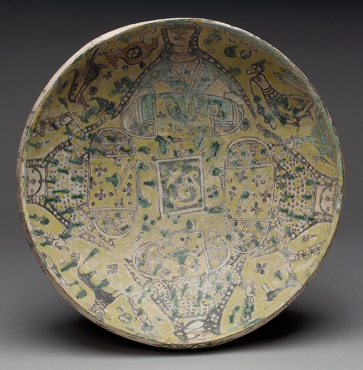 Bowl, Earthenware; polychrome slip under transparent glaze