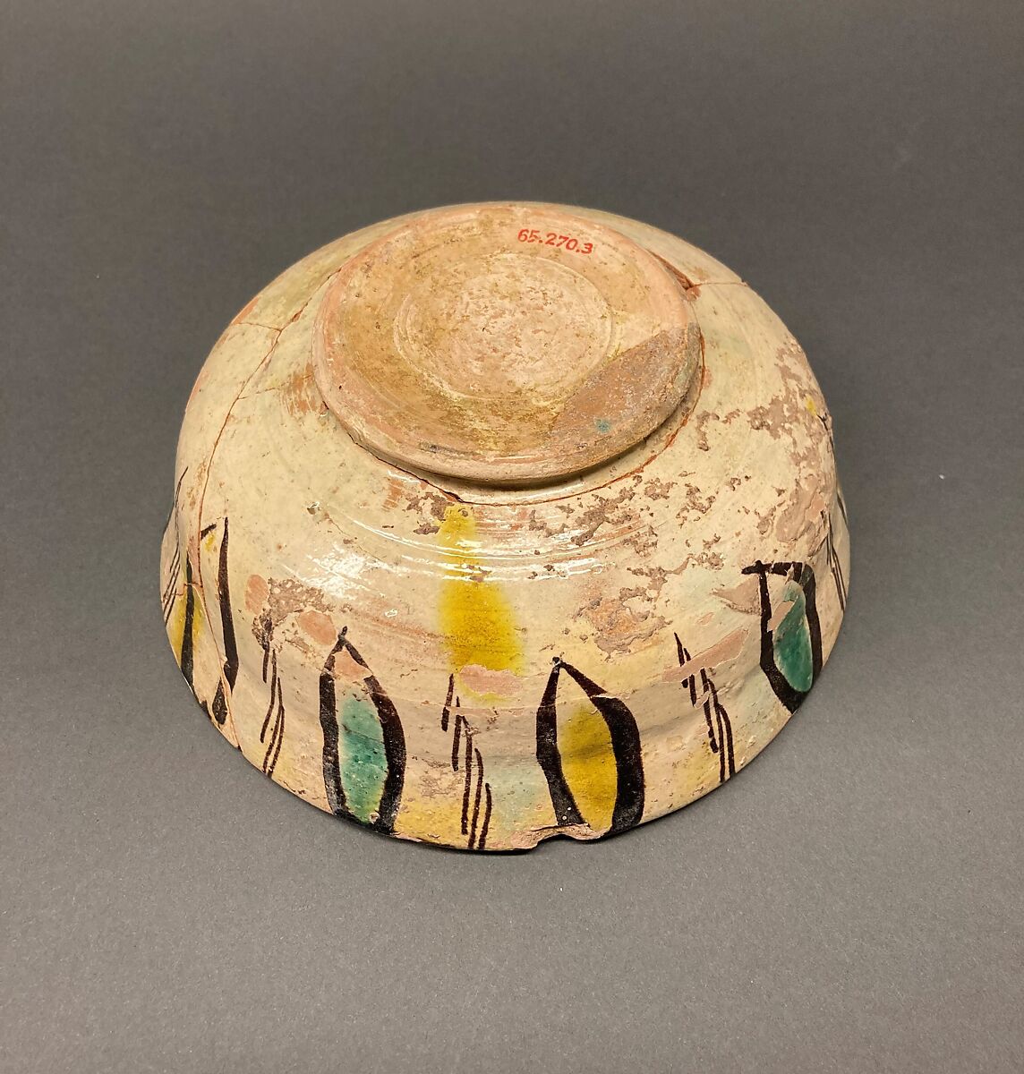 Bowl, Earthenware; buff body, brown slip decoration, splashed polychrome glaze