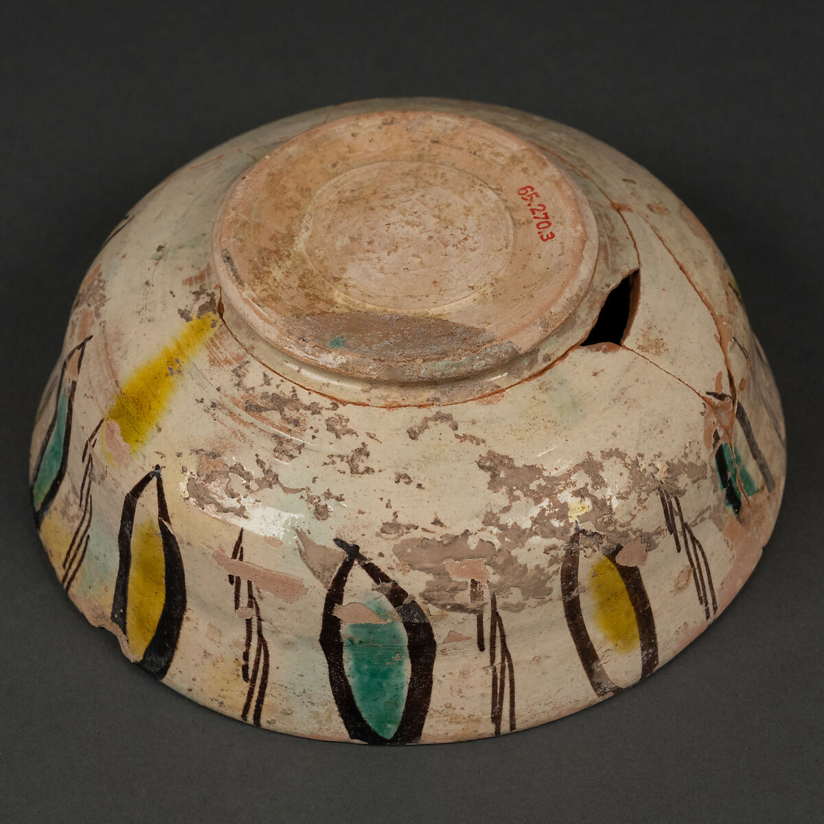 Bowl, Earthenware; buff body, brown slip decoration, splashed polychrome glaze