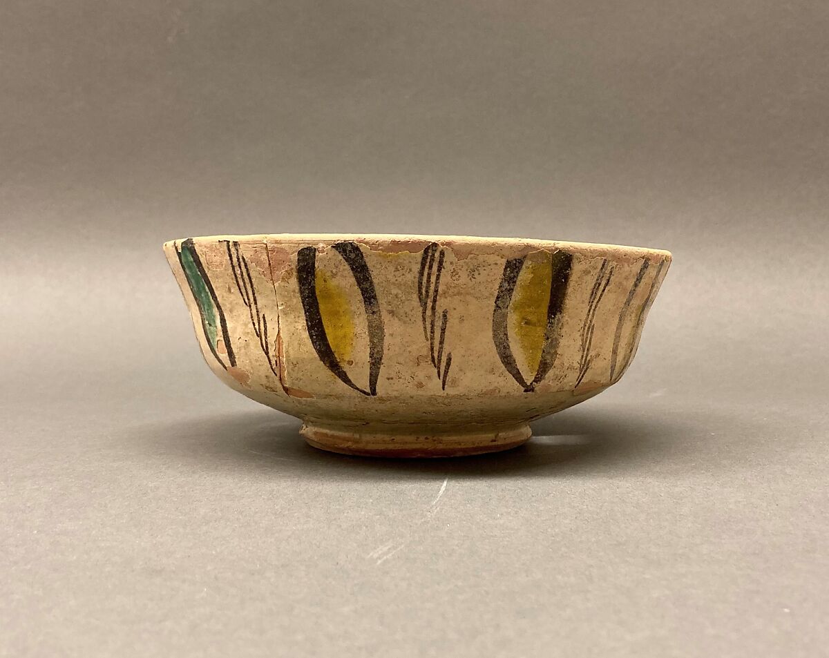 Bowl, Earthenware; buff body, brown slip decoration, splashed polychrome glaze