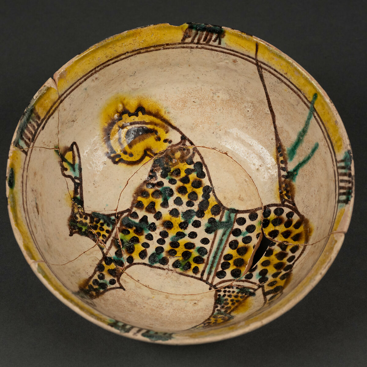 Bowl, Earthenware; buff body, brown slip decoration, splashed polychrome glaze