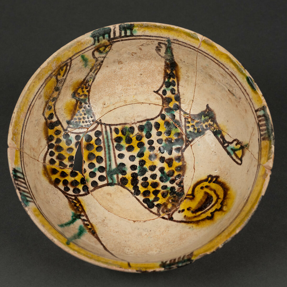 Bowl, Earthenware; buff body, brown slip decoration, splashed polychrome glaze