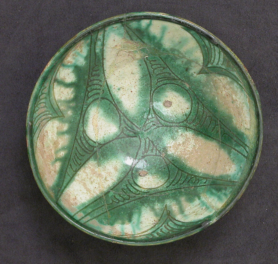 Bowl, Earthenware; white slip, green slip decoration with sgraffito design, glazed 