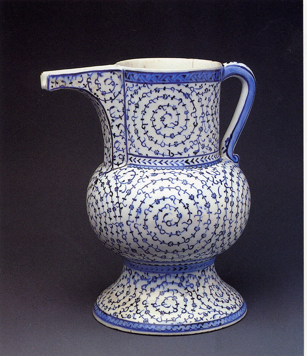 Ewer with 'Tughra-Illuminator' Style Decoration, Stonepaste; painted in blue under transparent glaze