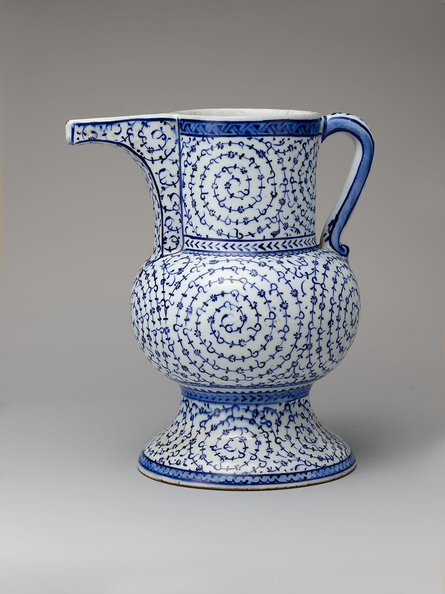 Ewer with 'Tughra-Illuminator' Style Decoration, Stonepaste; painted in blue under transparent glaze 