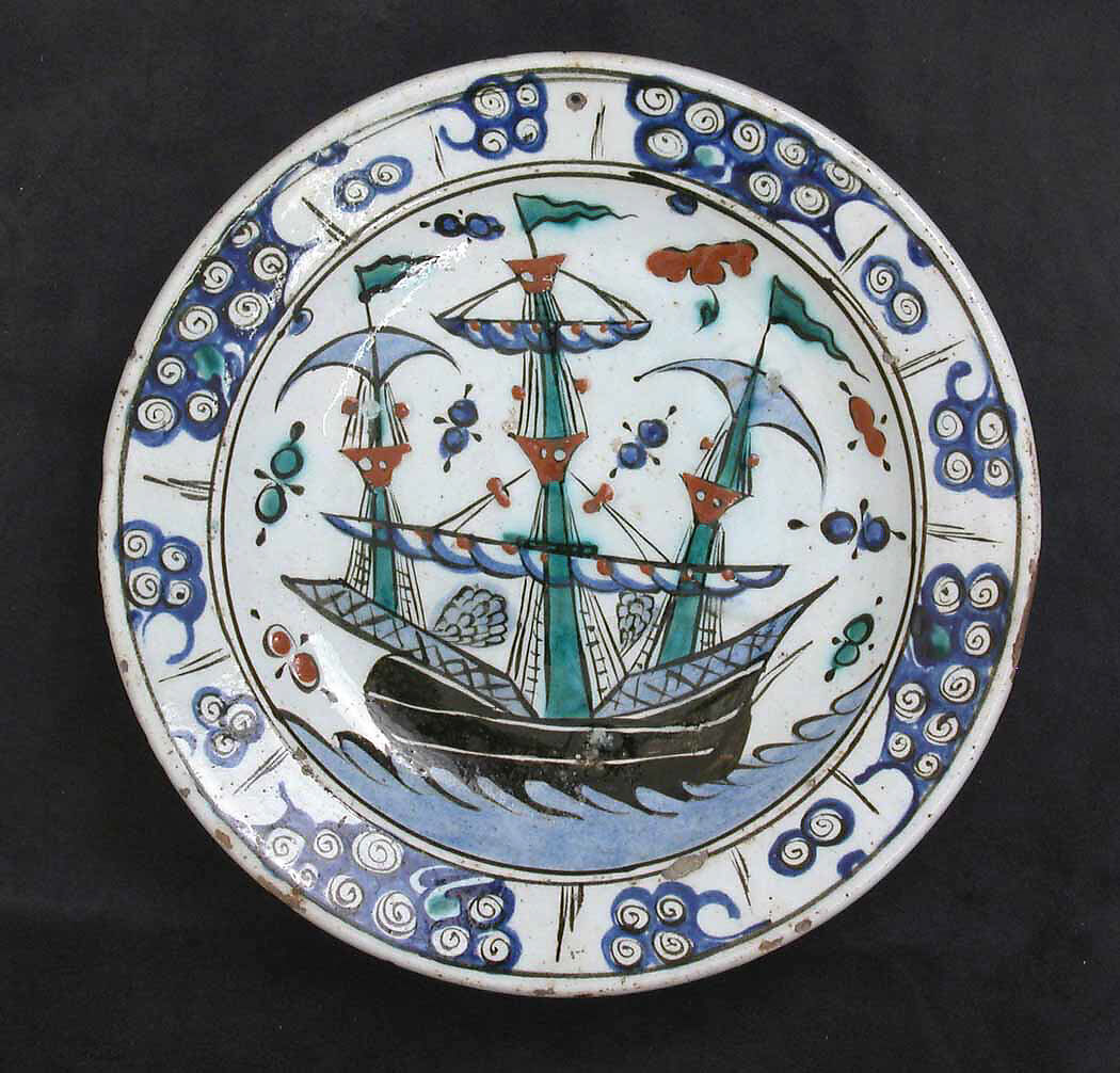 Dish with Sailing-Ship Design, Stonepaste; polychrome painted under transparent glaze