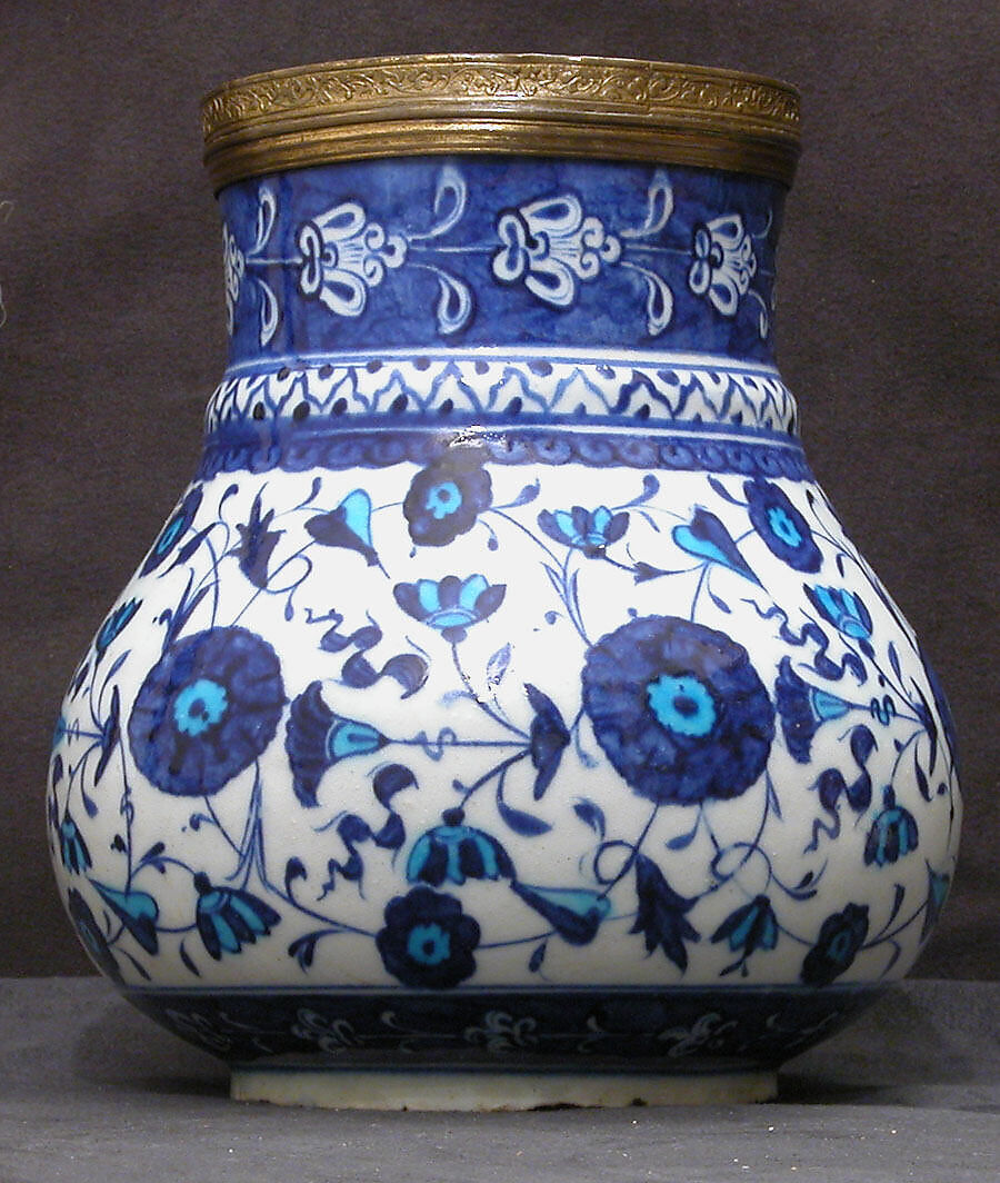 Vase, Stonepaste; underglaze painted on white slip, bronze collar 