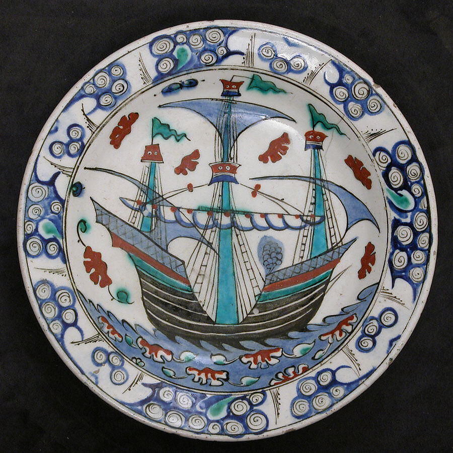 Dish with Sailing-ship Design, Stonepaste; polychrome painted under transparent glaze 