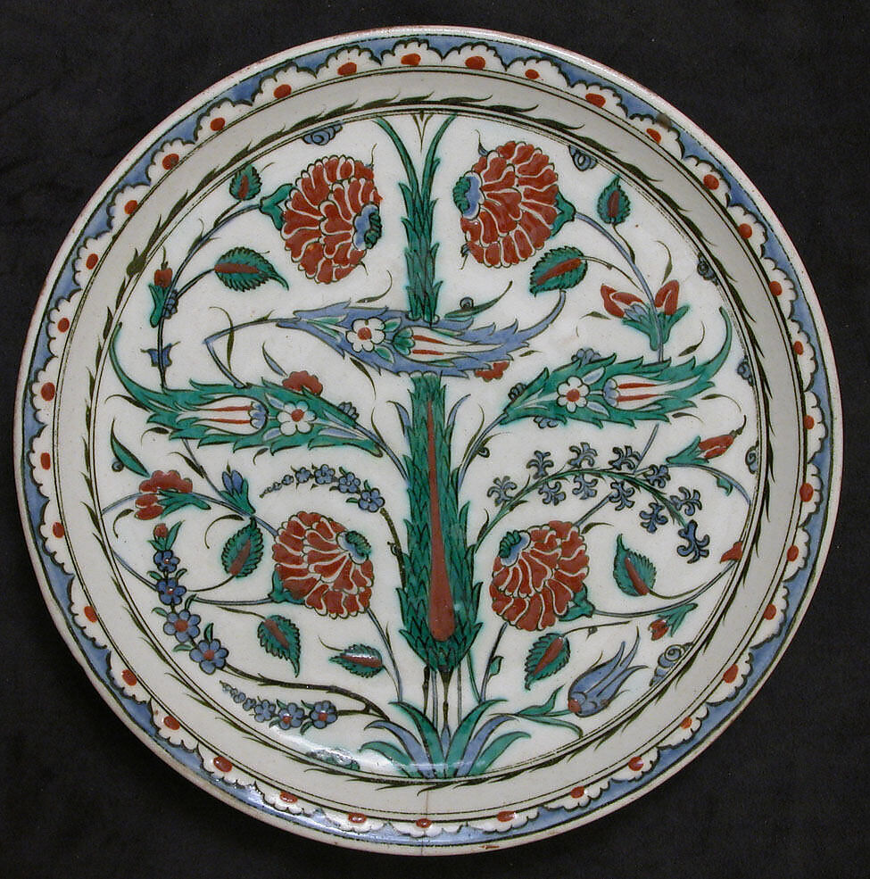 Dish with Cypress Tree, Saz Leaves, and Roses, Stonepaste; polychrome painted under transparent glaze 