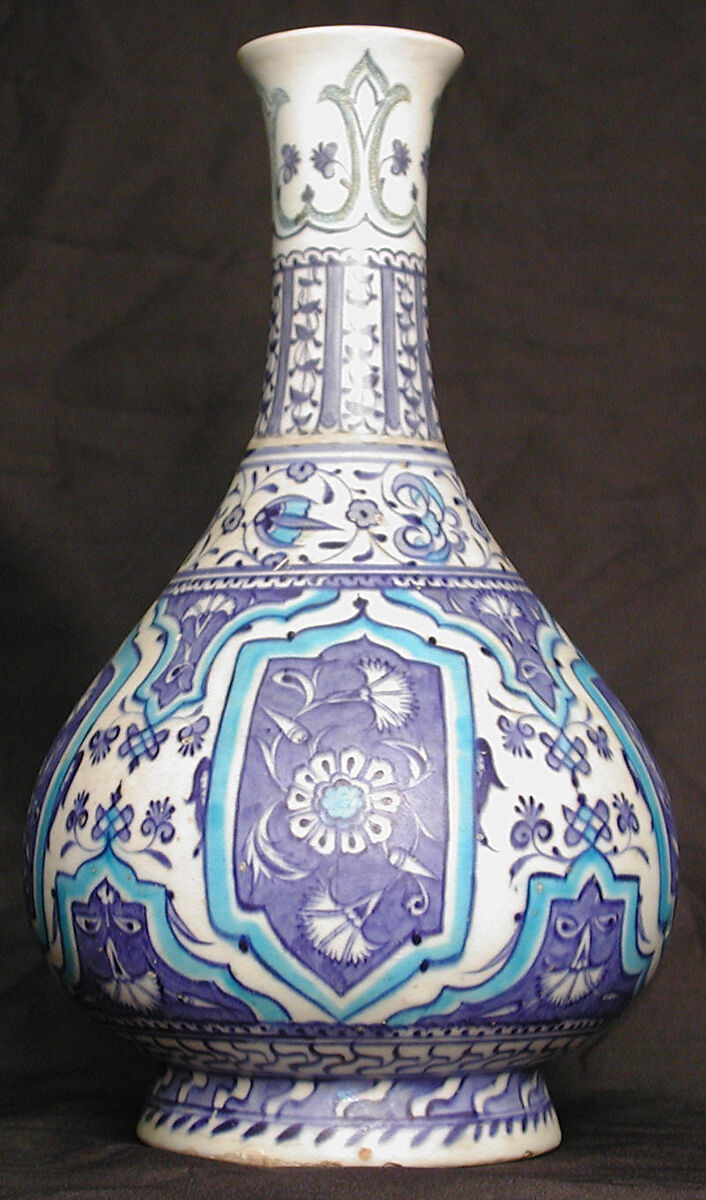 Bottle, Stonepaste; underglaze painted on white slip 