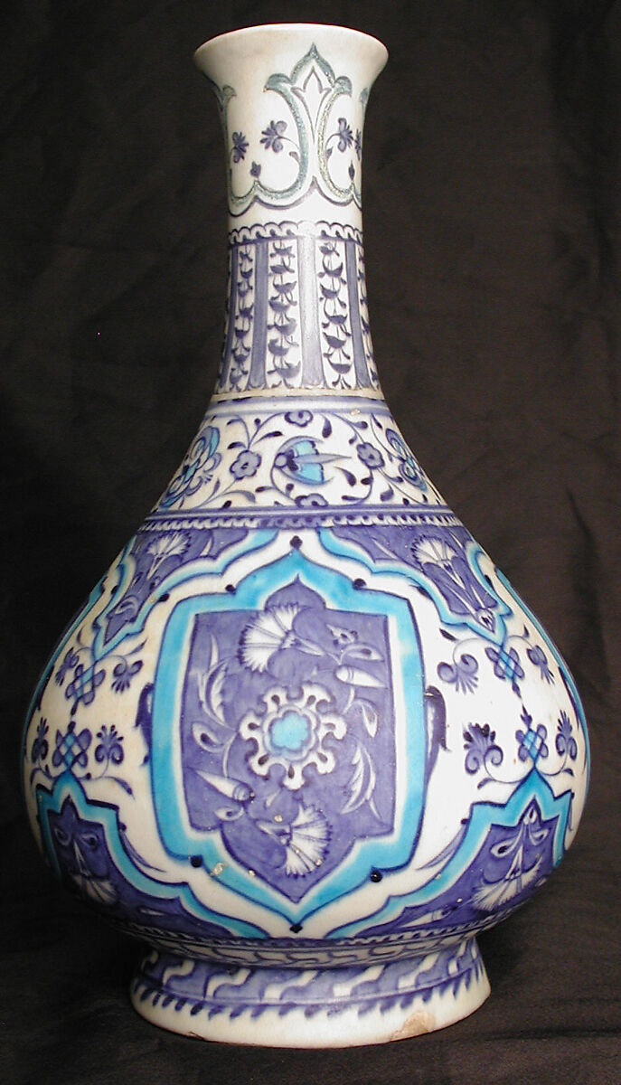 Bottle, Stonepaste; underglaze painted on white slip