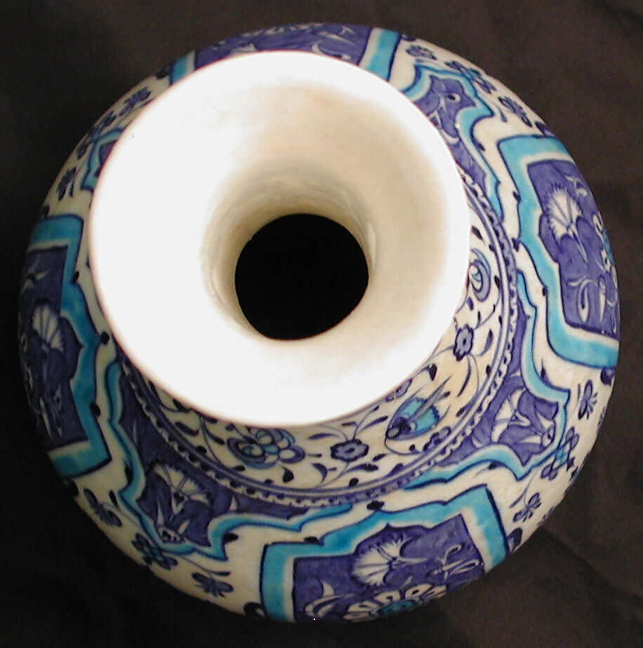 Bottle, Stonepaste; underglaze painted on white slip