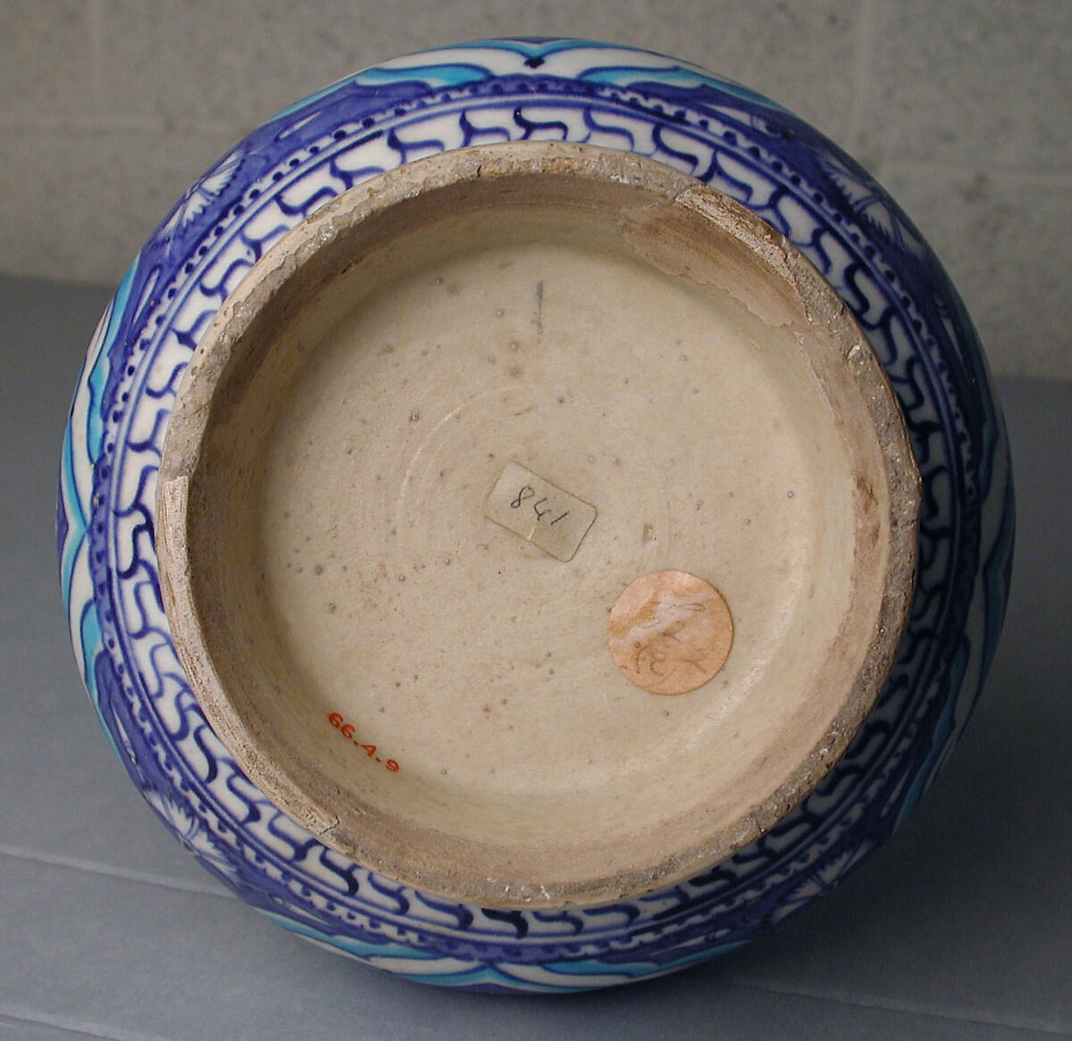 Bottle, Stonepaste; underglaze painted on white slip