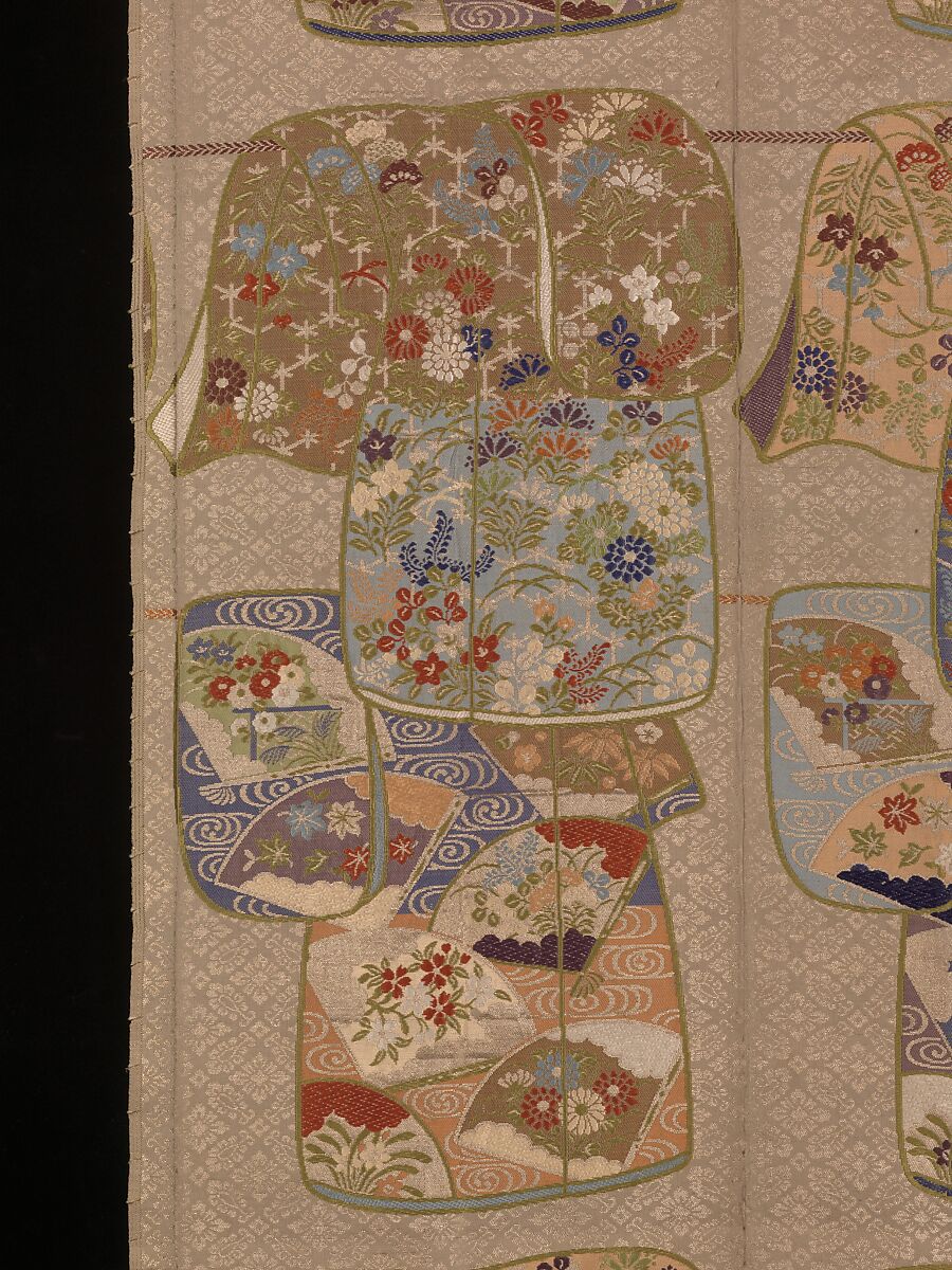 Obi with “Whose Sleeves?” (Tagasode) Pattern, Twill-weave silk with supplementary weft patterning and metallic thread, Japan