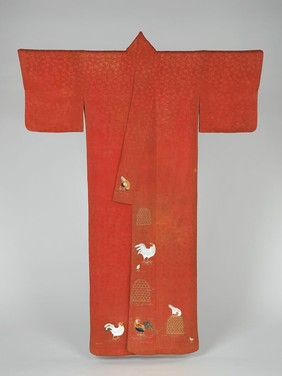 Kosode Robe with Roosters and Hens, Silk, metallic thread; embroidered figured crepe, Japan