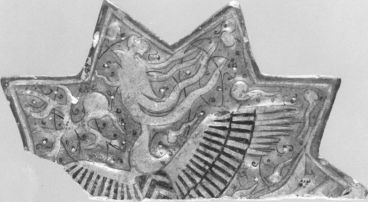 Star-Shaped Tile Fragment, Stonepaste; molded, overglaze painted, and leaf gilded (lajvardina)