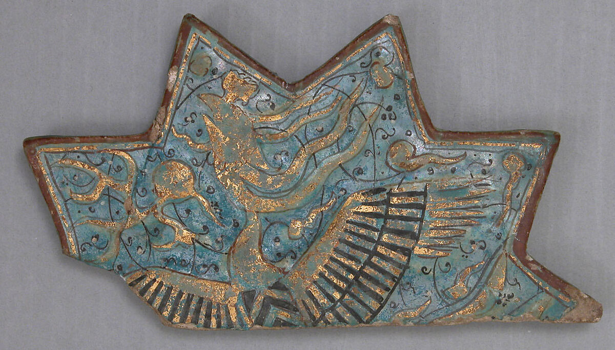 Star-Shaped Tile Fragment, Stonepaste; molded, overglaze painted, and leaf gilded (lajvardina) 