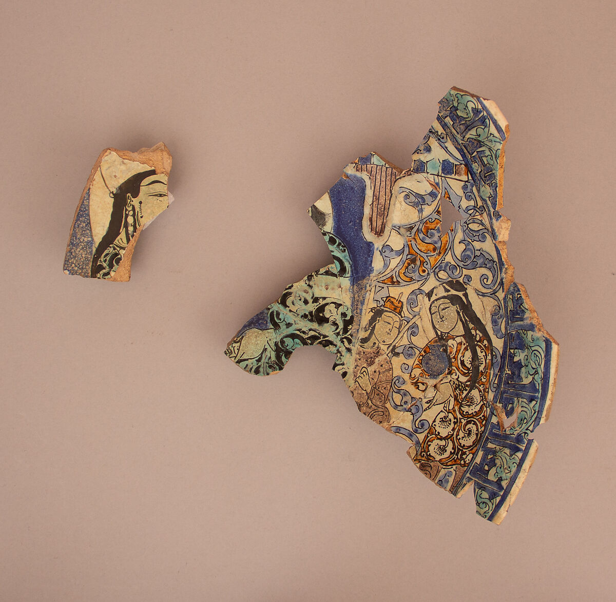 Fragments of a Dish, Stonepaste; polychrome inglaze and overglaze painted on opaque white glaze, molded (mina'i) 