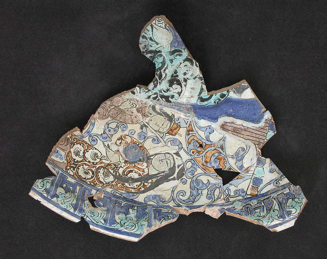 Fragments of a Dish, Stonepaste; polychrome inglaze and overglaze painted on opaque white glaze, molded (mina'i)