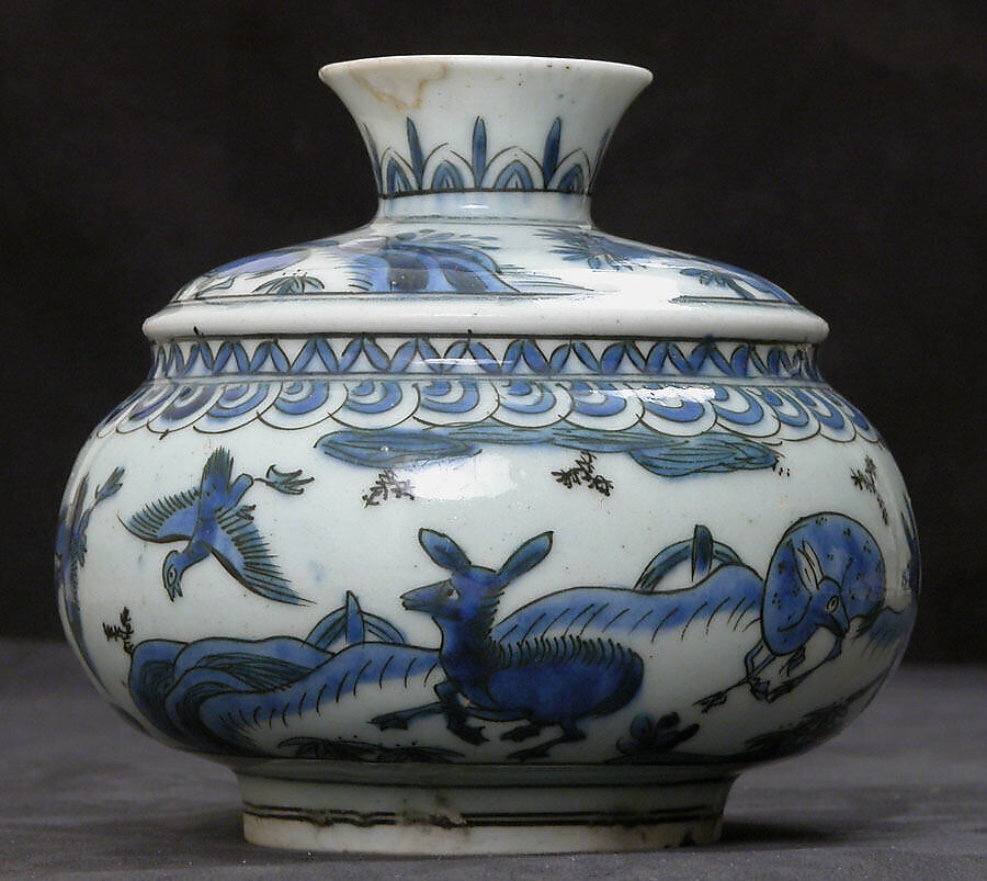 Vase with Animals in a Landscape, Stonepaste; painted in blue under transparent glaze 
