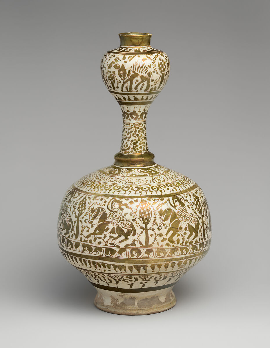 Bottle with Bulb-Shaped Neck, Stonepaste; luster-painted on opaque monochrome glaze 