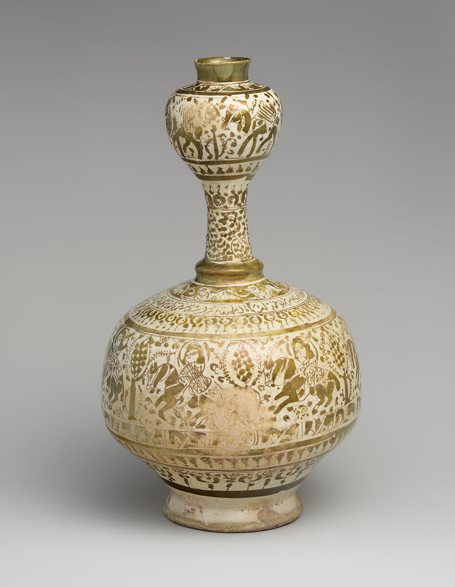 Bottle with Bulb-Shaped Neck, Stonepaste; luster-painted on opaque monochrome glaze