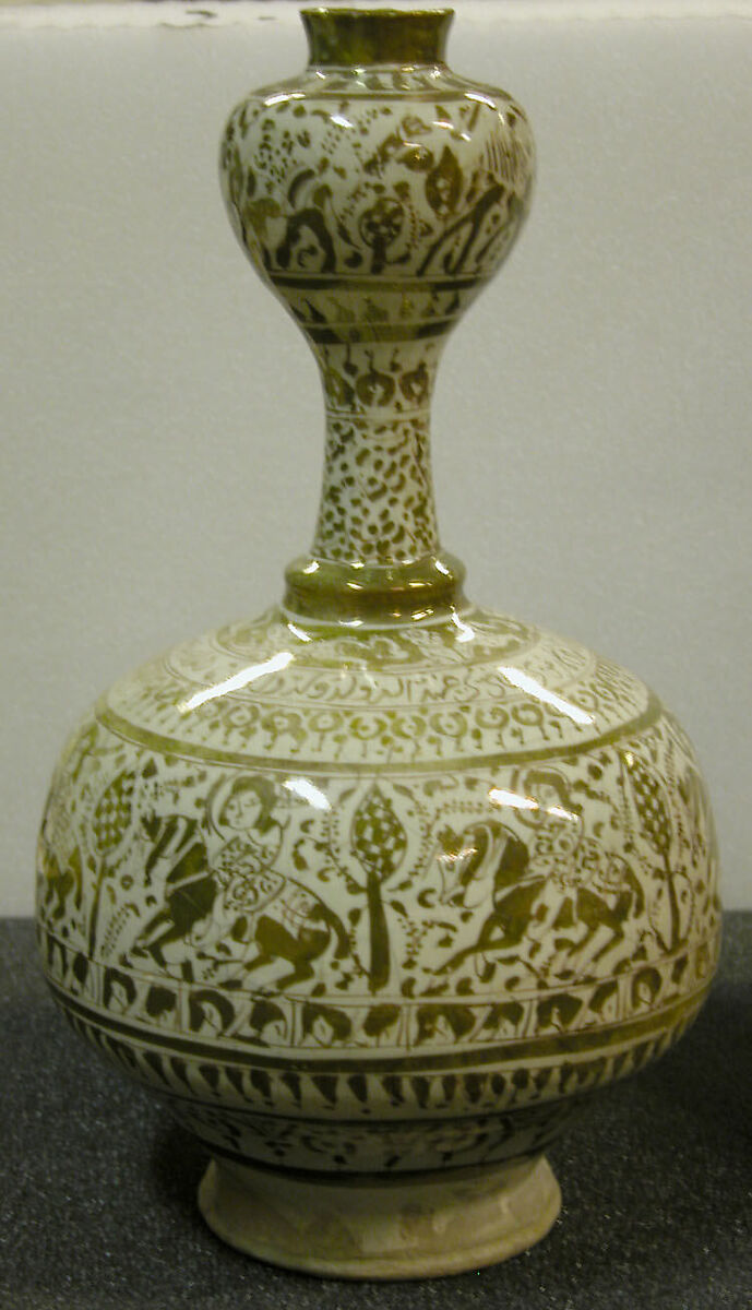 Bottle with Bulb-Shaped Neck, Stonepaste; luster-painted on opaque monochrome glaze